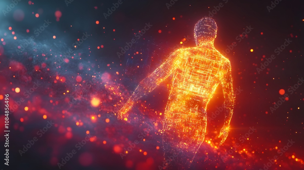 Aufkleber An AI humanoid figure in 3D, interacting with a 2D holographic projection of data streams and calculations. 4k resolution, Cinematic Scene