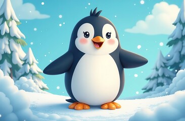 Fototapeta premium Cute cartoon penguin celebrating World Animal Day in a bright and cheerful setting