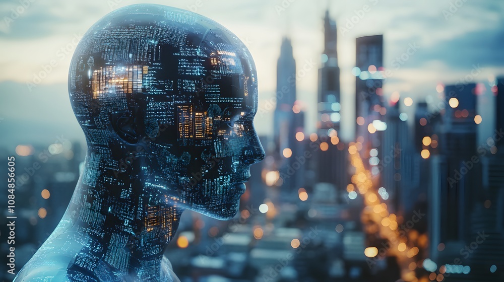 Poster a 3d humanoid ai exploring a city of holographic data structures, with a 2d futuristic skyline in th