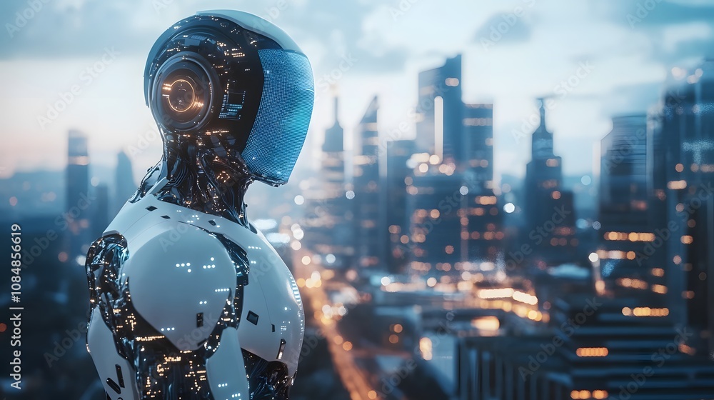 Aufkleber a 3d humanoid ai exploring a city of holographic data structures, with a 2d futuristic skyline in th