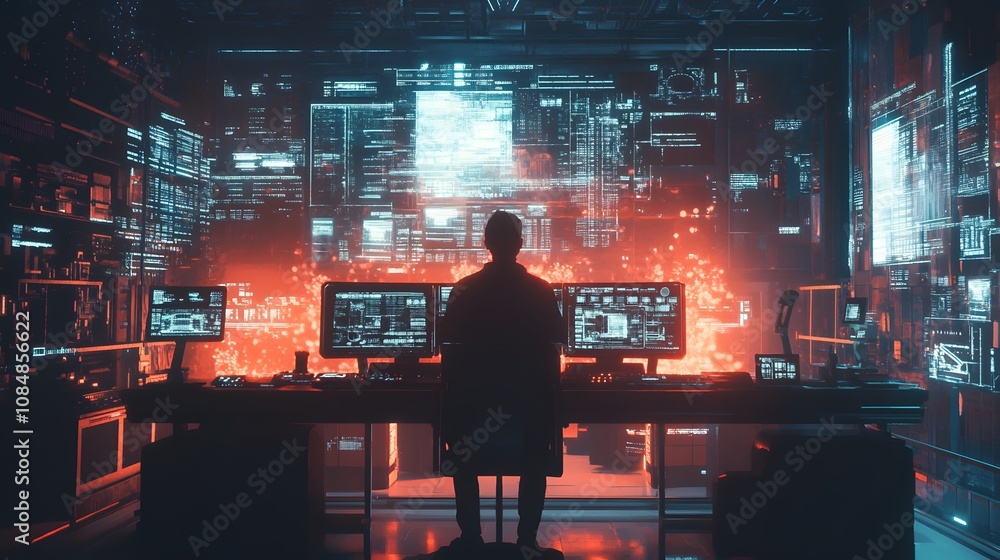 Poster a futuristic ai control room with 3d machinery, integrated with 2d holographic displays of operation