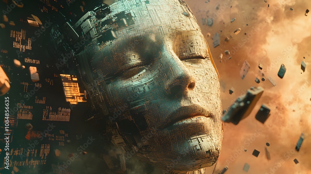 Poster A robotic face with intricate 3D details, integrated into a 2D background of floating code and abstract data symbols. 4k resolution, Cinematic Scene