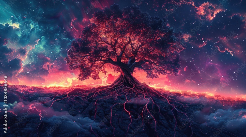 Aufkleber a large tree with red leaves and roots growing out of the clouds against a background of a colorful 