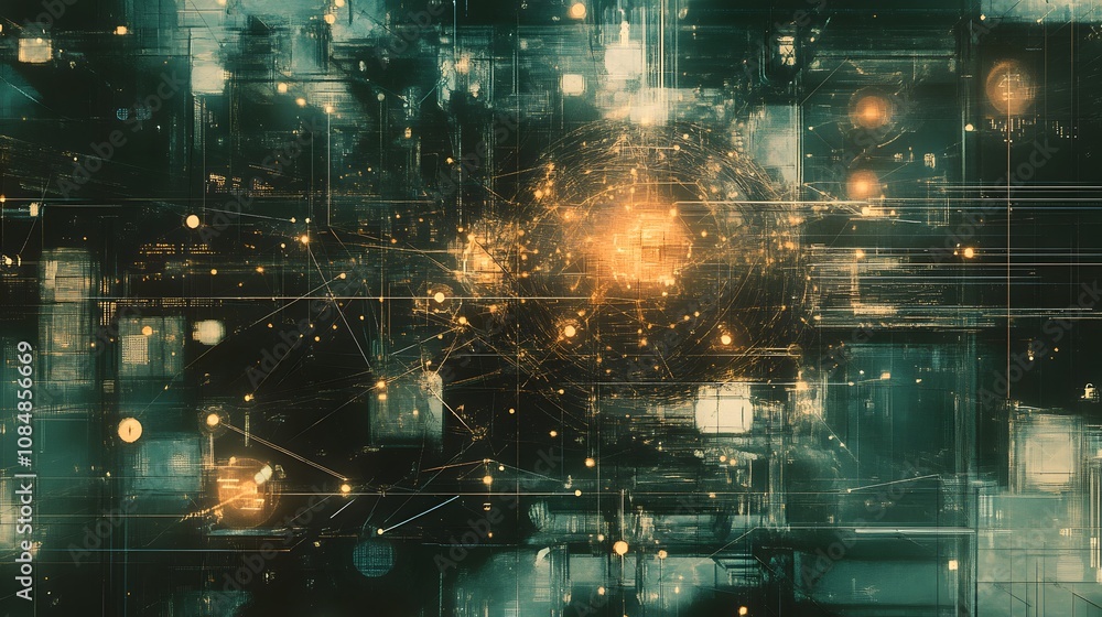 Aufkleber a 3d-rendered neural network model, layered over a 2d schematic of artificial intelligence pathways.