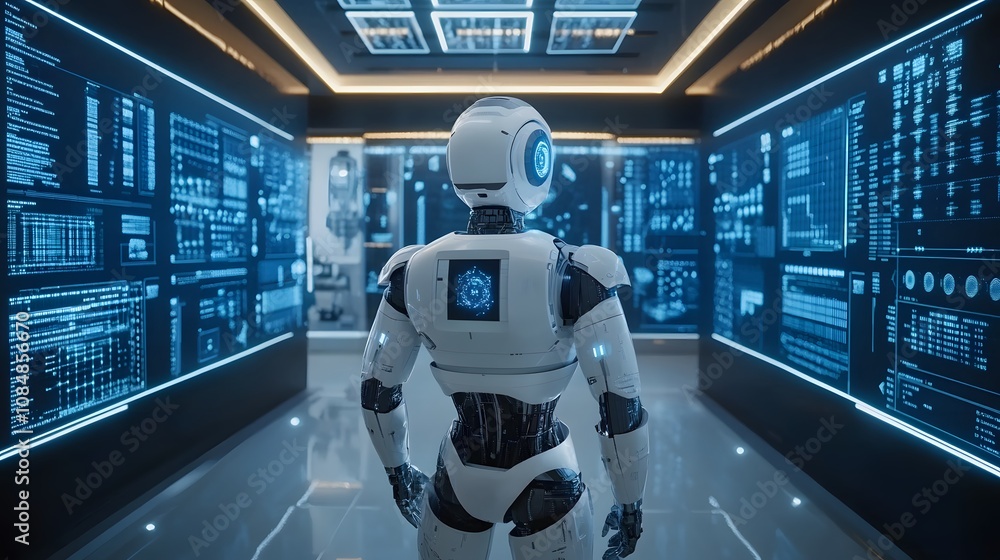 Aufkleber A futuristic AI lab with a 3D robot in the center, surrounded by 2D holographic screens displaying analytical data. 4k resolution, Cinematic Scene