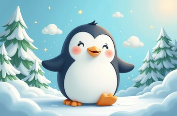 Obraz premium Cute cartoon penguin celebrating World Animal Day in a bright and cheerful setting