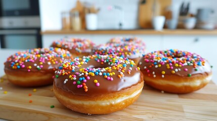 A tempting display of colorful donuts topped with chocolate and sprinkles on a wooden board.