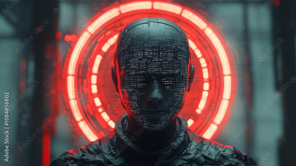 Poster A humanoid AI figure in 3D, with 2D layers of data projections around its head, symbolizing cognitive processing. 4k resolution, Cinematic Scene