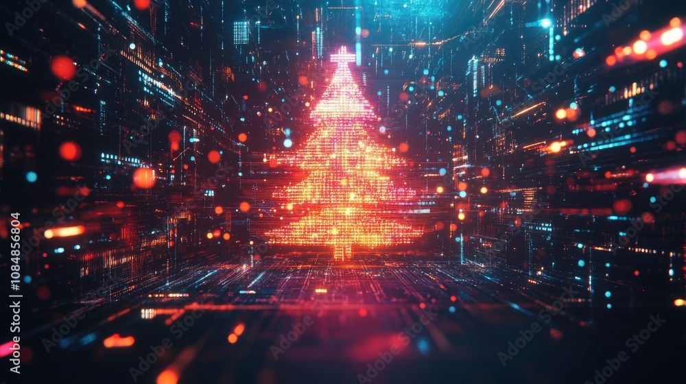 Poster glowing digital christmas tree shines brightly in dark, abstract space filled with neon tech element