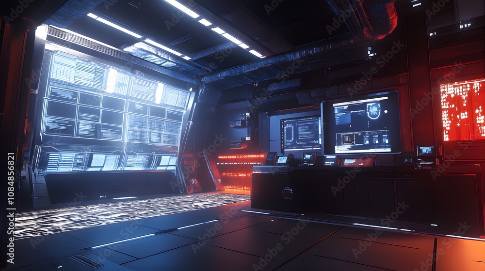 Aufkleber A futuristic data center with a 3D AI interface, integrated with 2D data patterns on the walls. 4k resolution, Cinematic Scene