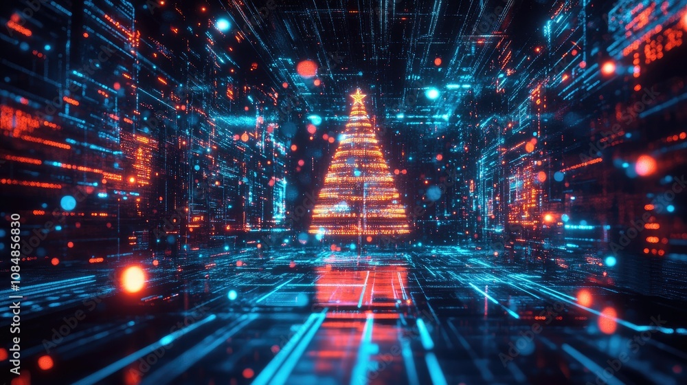 Poster glowing digital christmas tree shines brightly in dark, abstract space filled with neon tech element