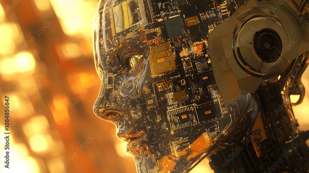 Poster A 3D robotic head with a transparent faceplate, revealing digital circuits against a 2D matrix of symbols. 4k resolution, Cinematic Scene
