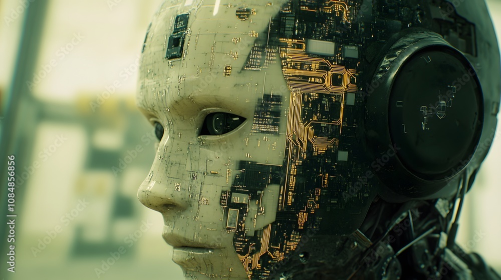 Poster A 3D robotic head with a transparent faceplate, revealing digital circuits against a 2D matrix of symbols. 4k resolution, Cinematic Scene