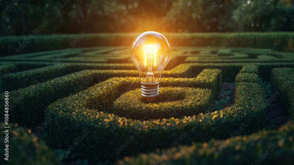 Poster lightbulb glowing at the center of a hedge maze, representing creativity and innovation in solving c