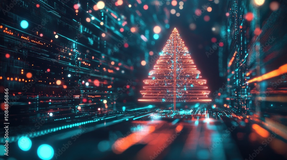 Poster glowing digital christmas tree shines brightly in dark, abstract space filled with neon tech element