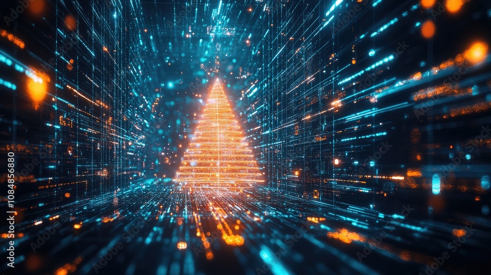 Poster glowing digital christmas tree shines brightly in dark, abstract space filled with neon tech element