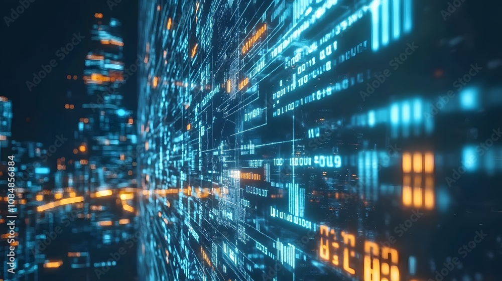 Poster A 3D futuristic cityscape driven by AI, surrounded by a 2D digital overlay of data streams and technology symbols. 4k resolution, Cinematic Scene