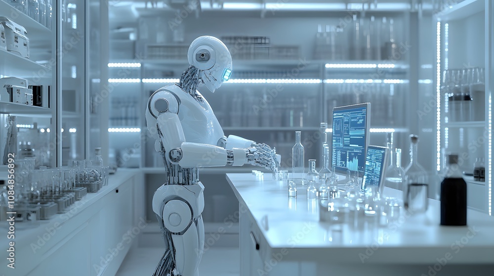 Aufkleber A high-tech laboratory with a 3D-rendered robot and 2D digital interfaces for AI development. 4k resolution, Cinematic Scene