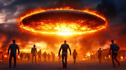 Fiery UFO Apocalypse Burning Spaceship Human Exodus Disaster