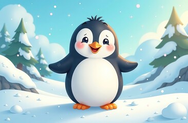 Fototapeta premium Cute cartoon penguin celebrating World Animal Day in a bright and cheerful setting