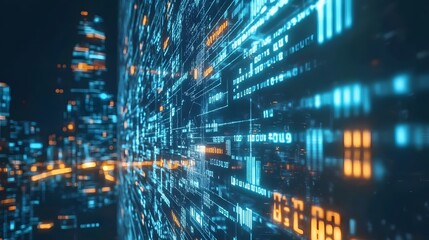 Fototapeta premium A 3D futuristic cityscape driven by AI, surrounded by a 2D digital overlay of data streams and technology symbols. 4k resolution, Cinematic Scene
