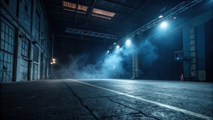 Fototapeta premium Moody Industrial Space Dark Warehouse with Stage Lighting and Fog