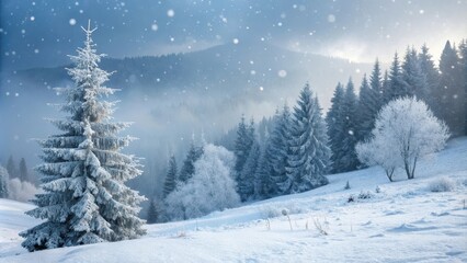 Fototapeta premium A serene winter wonderland scene, showcasing snow-covered evergreens and a dusting of fresh snow falling gently on a frosty landscape