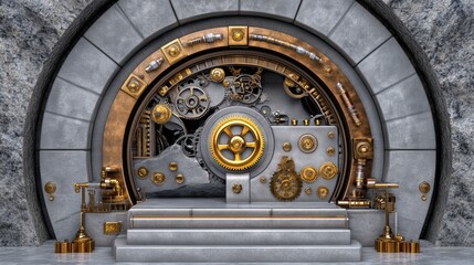Steampunk Gear Door Industrial Metal Fantasy Architecture Bronze Gold Grey