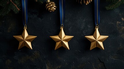 Golden star ornaments with blue ribbons hanging elegantly against a dark, festive background, symbolizing holiday cheer and luxury decorations.