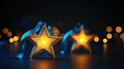 Golden stars with blue ribbon accents glowing softly, set against a dark holiday backdrop, creating an elegant festive decoration scene.