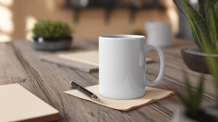 Fototapeta premium Workspace with a blank mug and notebook. Modern workspace photography with a white coffee mug with empty text space.