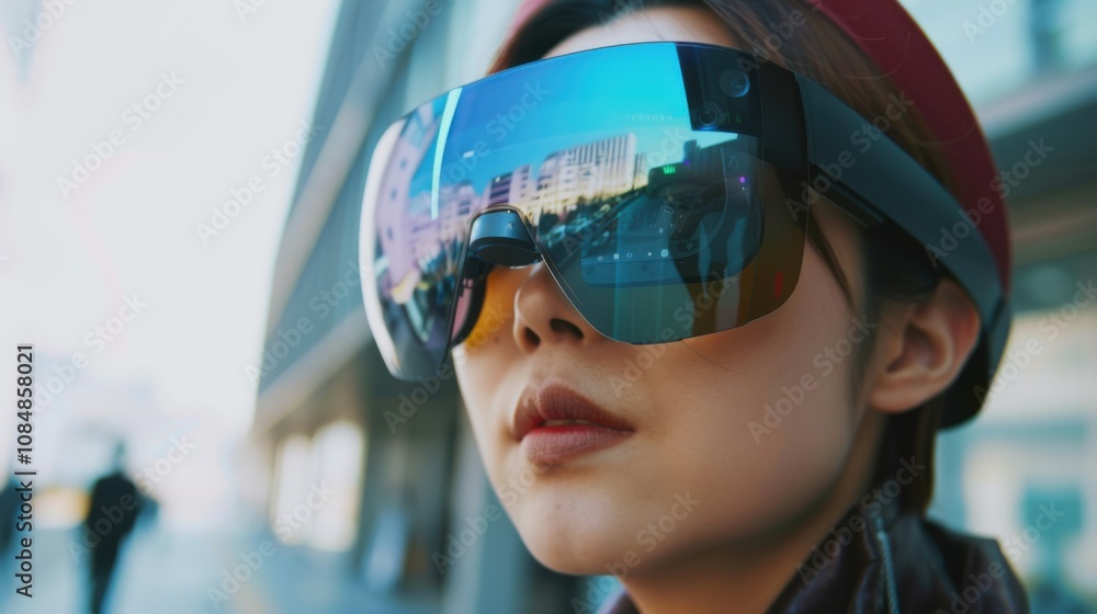 Poster a person using augmented reality glasses for real-time language translation during international tra