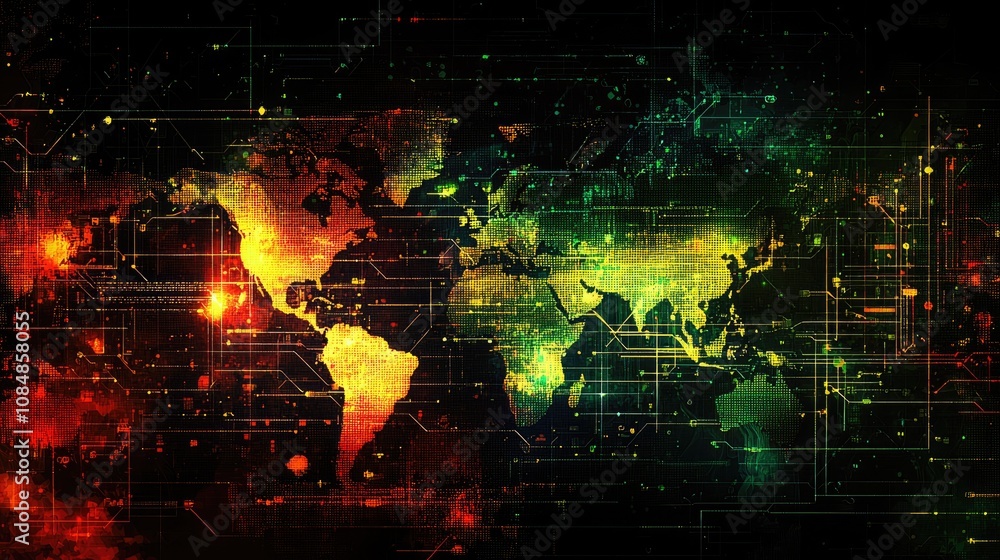 Poster world map with circuit board pattern.