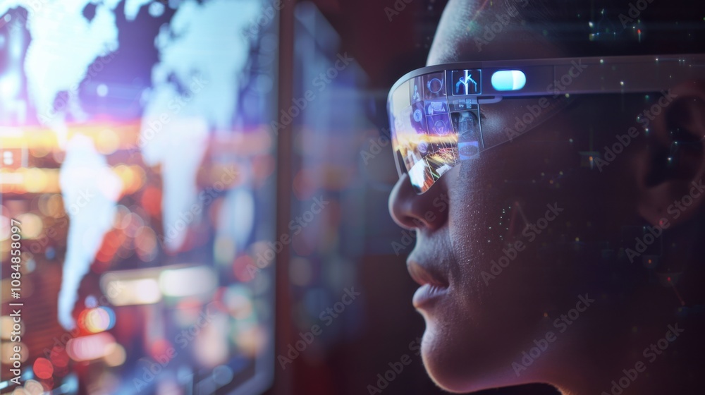 Poster a person using augmented reality glasses for real-time language translation during international tra