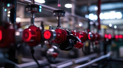 Fototapeta premium Industrial metal pipes with red control valves in a factory setup, showcasing engineering precision