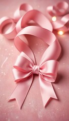 A close-up of a pink ribbon and bow, elegantly arranged on a dreamy, pastel-colored background with gentle bokeh effects