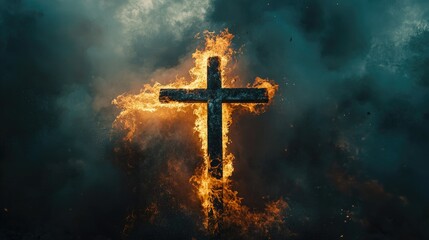 Fototapeta premium Jesus Christ's cross set ablaze against a dark, ominous sky, with intense fire and dramatic lighting representing strength and faith.