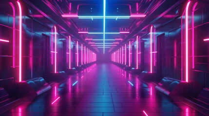 Fototapeta premium Sci-fi style pink and blue neon corridor
