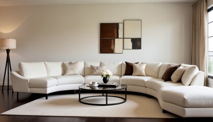 a modern living room with a cozy, curved white sofa, complemented by elegant decor and a serene atmosphere