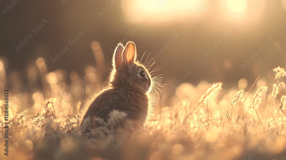 Poster 16. a small rabbit sitting in a field, the light so intense it causes the fur to appear almost trans