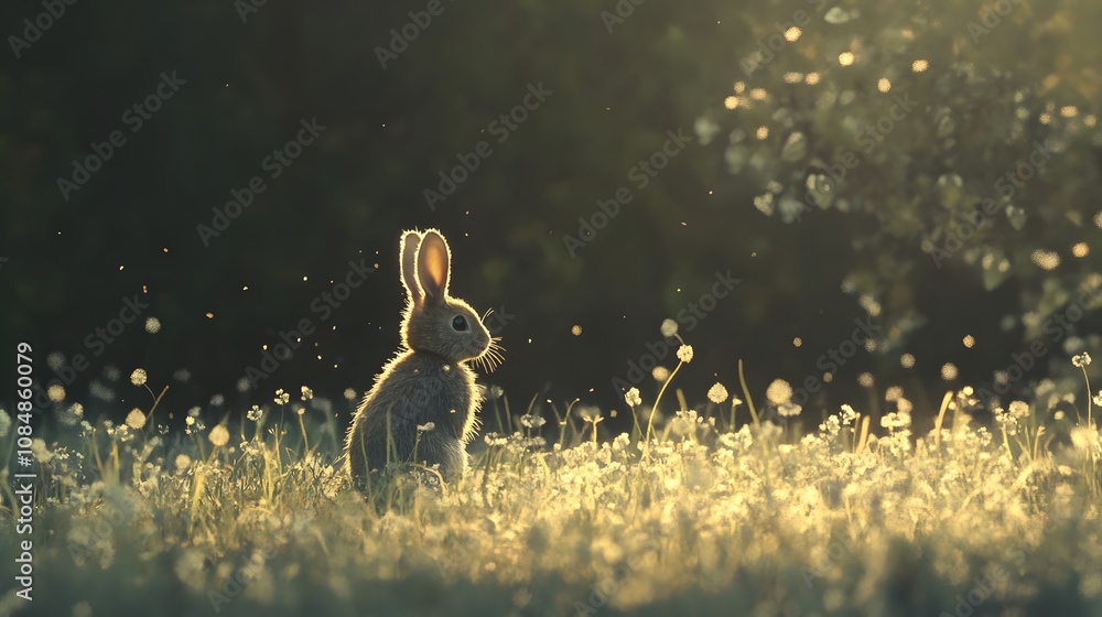 Poster 16. a small rabbit sitting in a field, the light so intense it causes the fur to appear almost trans
