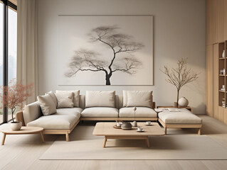 Modern Minimalist Living Room Beige Sofa Wooden Coffee Table Japanese Decor