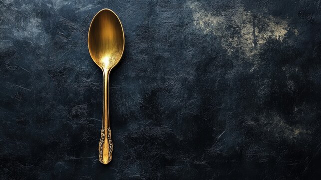Minimalistic view of a single golden spoon isolated on a dark background, emphasizing its elegance and simplicity