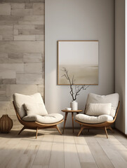 Modern Minimalist Living Room Two Beige Armchairs Wooden Side Table Wall Decor