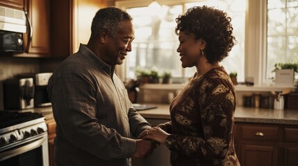 Authentic Connection: Mature Couple Holding Hands in Cozy Kitchen, Varied Ethnicities, Morning Light 16:9