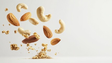Obraz premium Nuts in mid-air against a white background, featuring almonds, walnuts, and cashews in a dynamic display