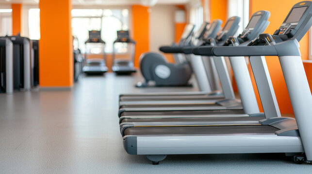Interior of a bright and spacious gym featuring a row of treadmills, vibrant orange accents and workout machines in focus.  