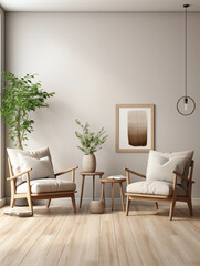 Modern Living Room Interior Beige Armchairs Wooden Side Tables Light Wood Floor