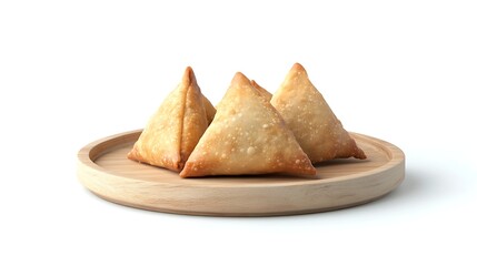 pile of samosas on wooden plate isolated on white background