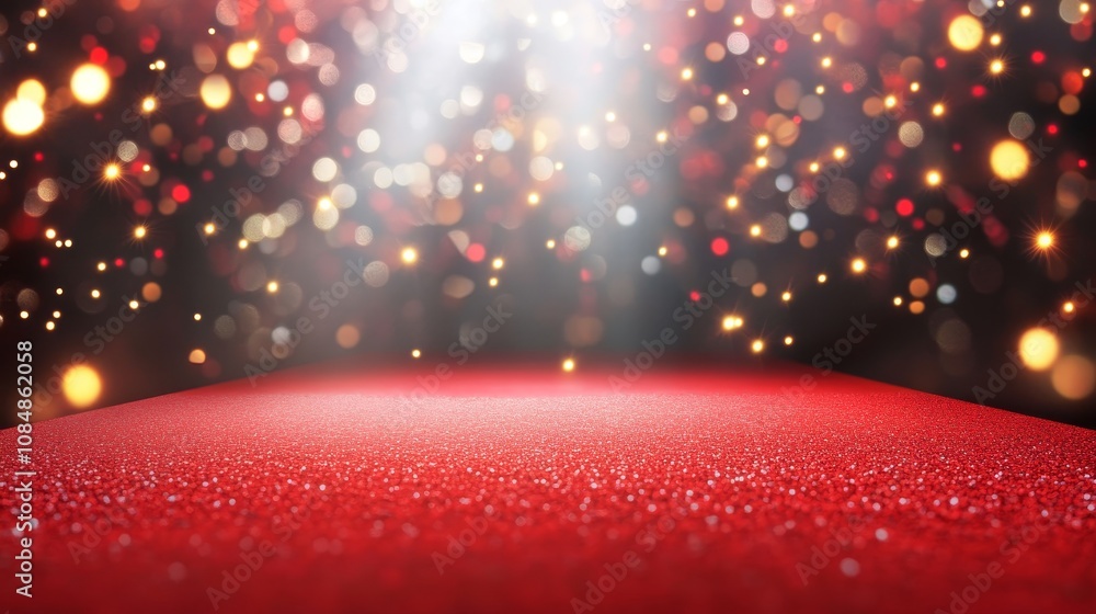 Poster a red carpet scene illuminated by soft light, creating a glamorous atmosphere for events or performa
